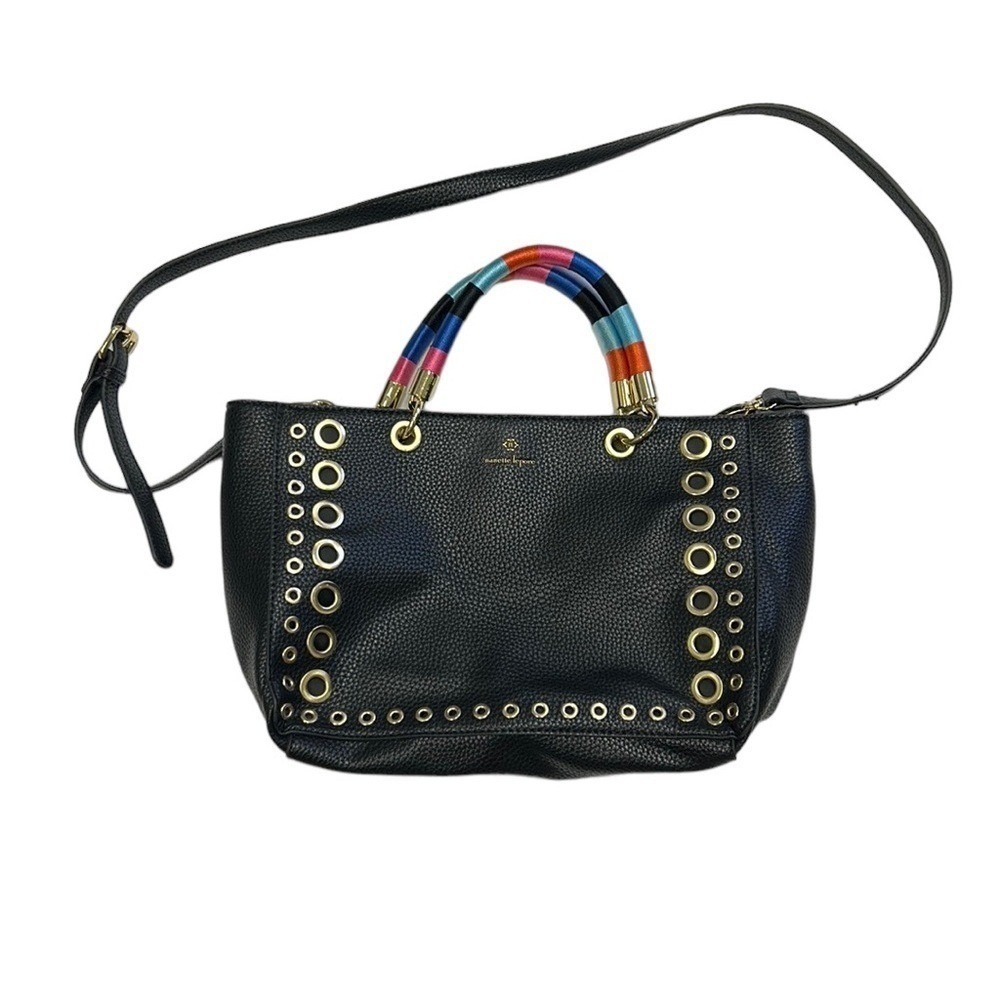Nanette Lepore Grommet Tote Bag Medium Black Rainbow Handle Faux Leather